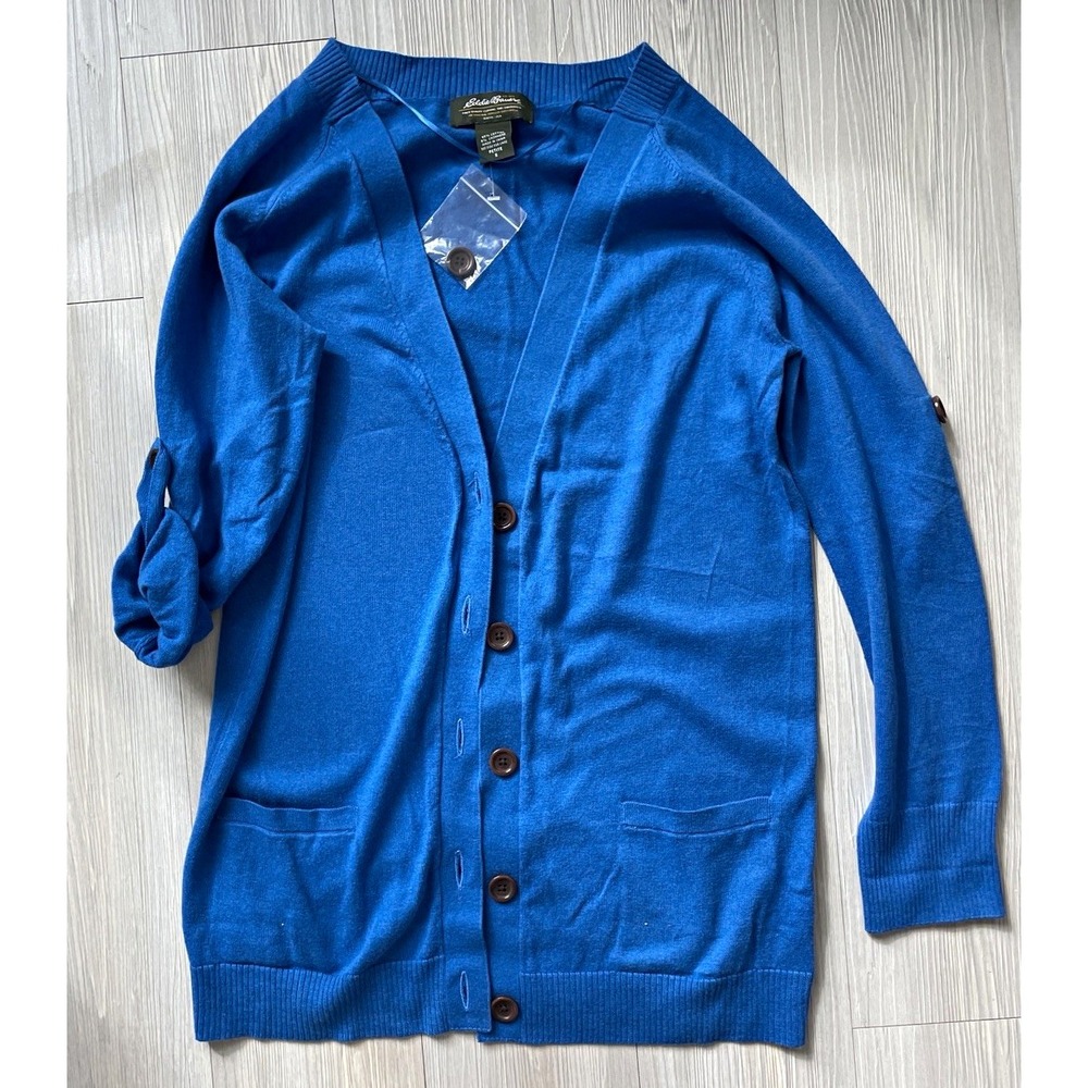 Eddie Bauer Women's Blue Knit V-Neck Button Cardigan Sweater Sz PS Preppy Mod